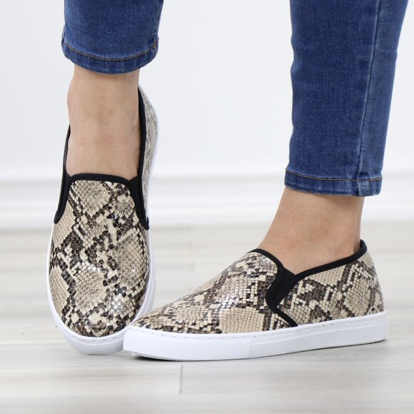 Shoes - Snakeskin Slip On Sneakers White Sole Faux Leather